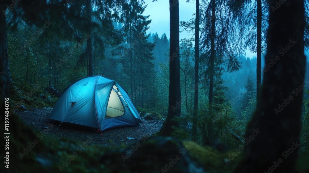 Poster camping tent illuminated at night surrounded by trees in a misty forest setting with a serene atmosp