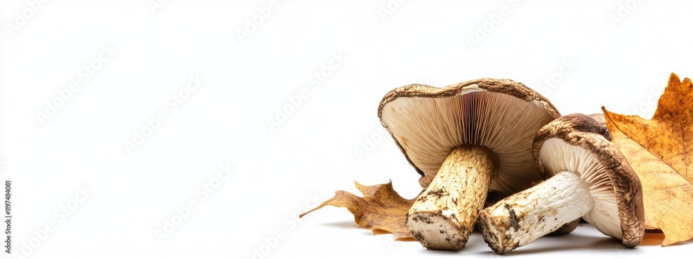 Poster mushrooms on autumn leaves with copy space for text or graphics in a light background setting