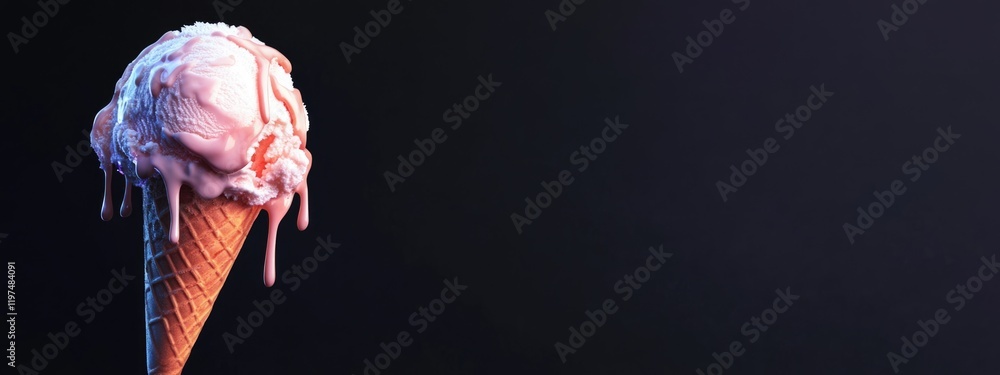 Poster melting pink ice cream cone with drips on a dark background and copy space for text