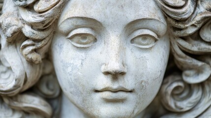 Fototapeta premium Close-up view of an antique marble sculpture depicting a woman's face with detailed curls and expressive features against a neutral background Copy Space