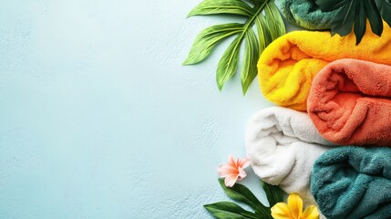 Vibrant rolled towels with tropical leaves and flowers on light blue background ideal for wellness and spa imagery with ample copy space.