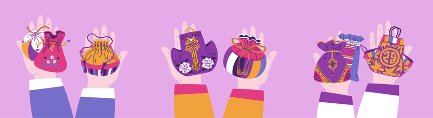 Korean lucky bags on hands, traditional Asian purses for gifts on oriental holiday, Chinese textile pouches vector set