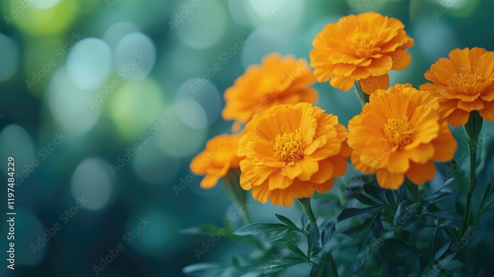 Poster vibrant orange marigold flowers with soft bokeh background and ample copy space for text placement i