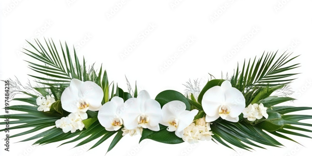 Aufkleber white orchids and tropical leaves arrangement on a plain background with ample copy space for text p