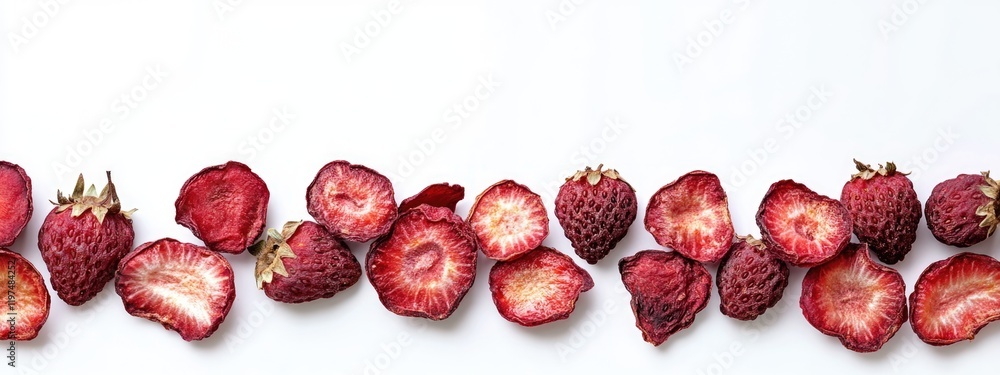 Poster dried and fresh strawberries arranged on white background with copy space for text placement