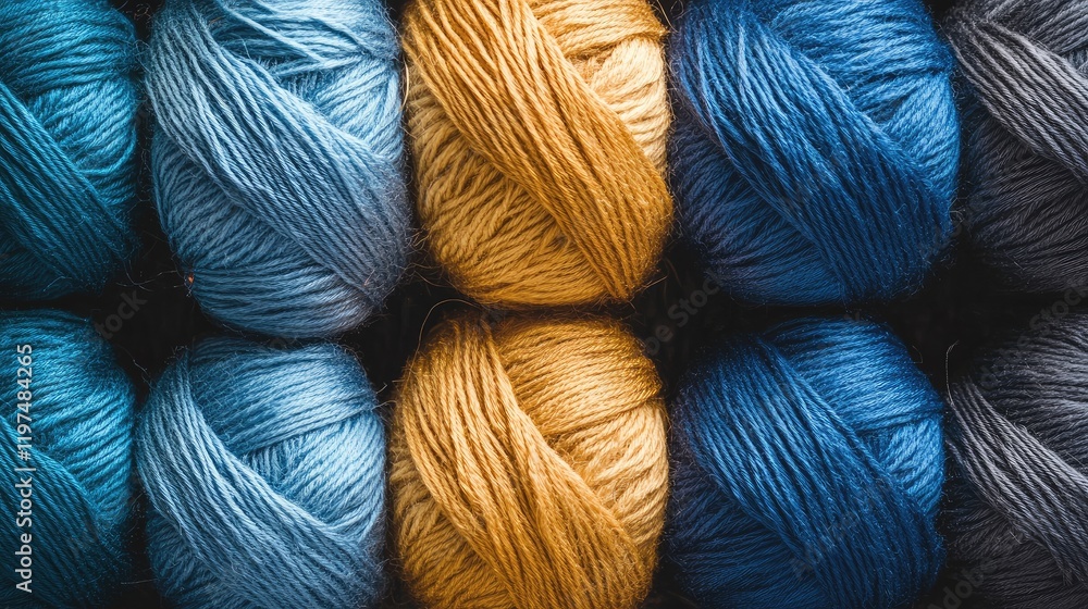 Aufkleber colorful yarn balls in blue and golden hues arranged in a flat lay pattern with a textured backgroun
