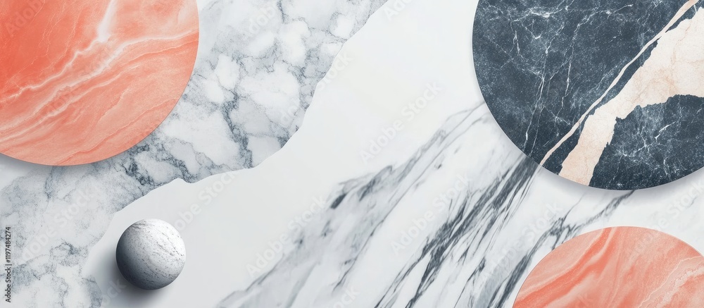 Poster marble texture background with geometric colored shapes and spheres in an abstract arrangement with 