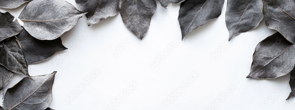 Poster dried black leaves arranged in a circular frame on a white background with ample copy space for text