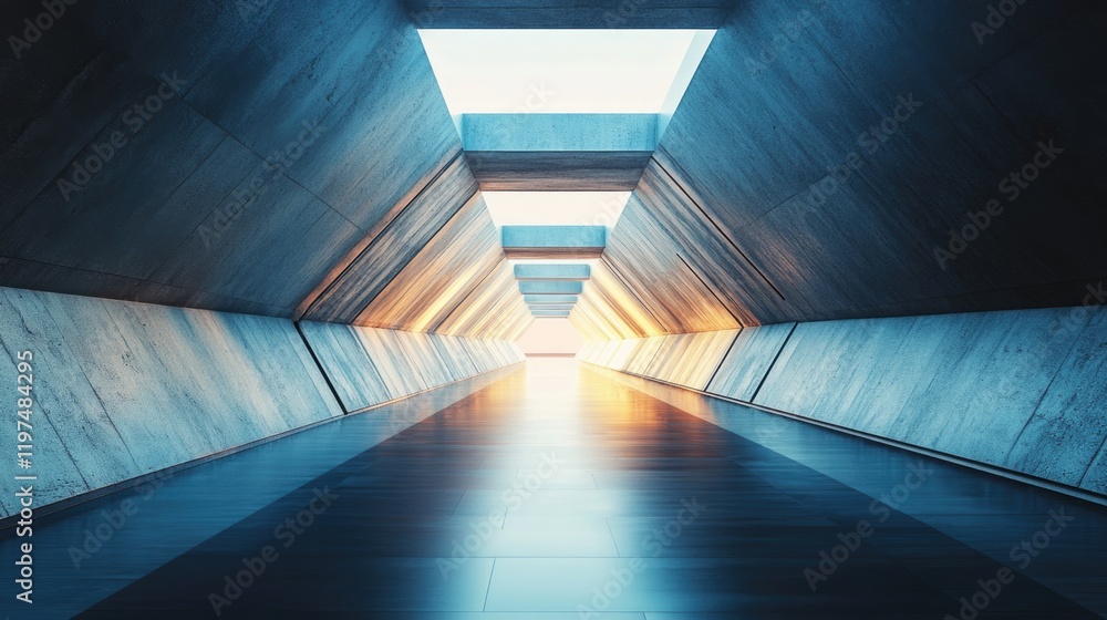 Poster futuristic architectural corridor with concrete walls and skylights creating depth and perspective c