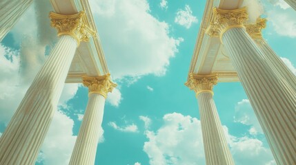 Ancient architecture with tall Greek columns against a bright blue sky and fluffy white clouds Copy Space