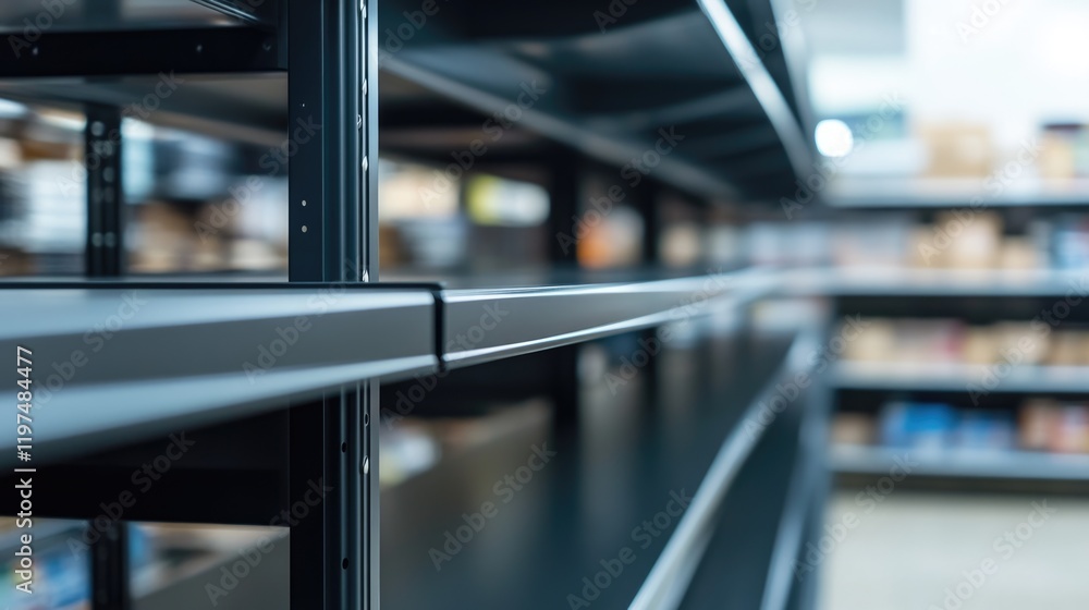 Poster empty industrial shelving in a storage or retail space with blurred background and ample copy space 