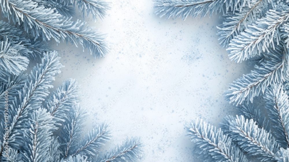 Poster frosted pine branches on a snowy background with copy space for text or designs in a winter theme co