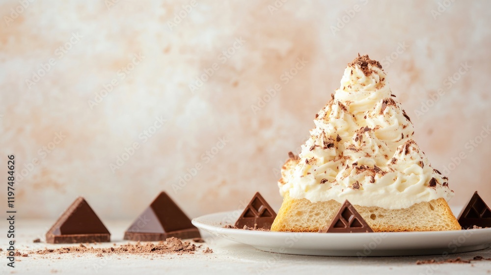 Aufkleber chocolate cake slice with whipped cream topping and chocolate triangles on a plate, with soft neutra