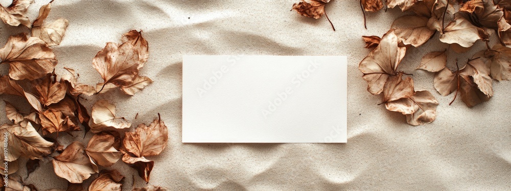Poster blank business card on textured sand background surrounded by dry leaves with ample copy space for t