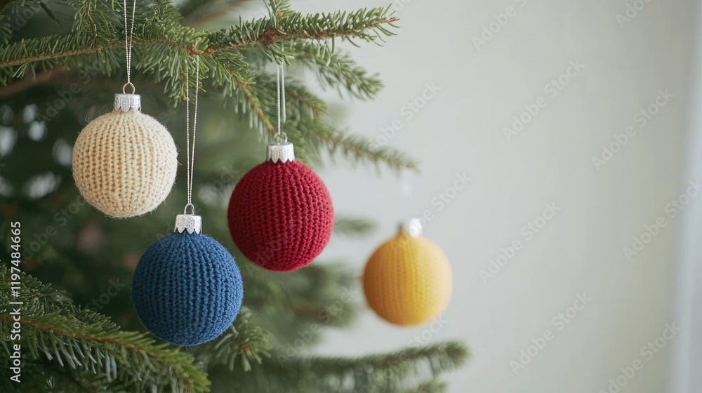 Poster handmade knitted christmas ornaments hanging on a pine tree with soft focus background and copy spac