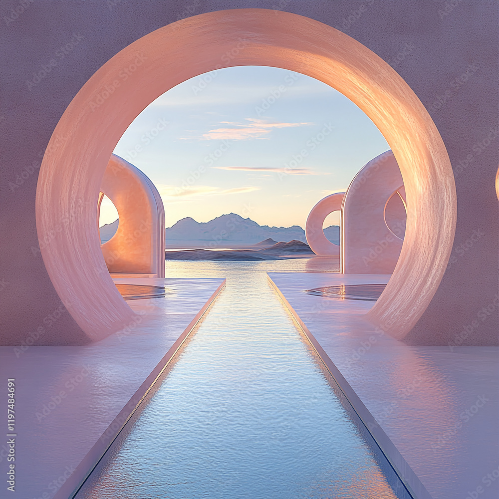 Poster minimalist architectural design with water reflection and mountain view