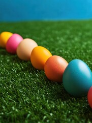 easter, holidays and tradition concept - row of colored eggs on artificial grass