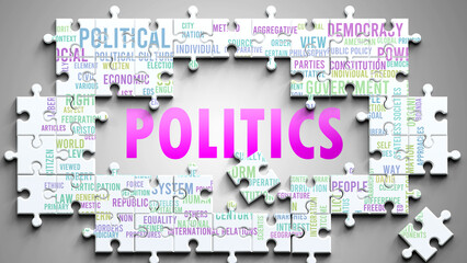 Politics as a complex subject, related to important topics. Pictured as a puzzle and a word cloud made of most important ideas and phrases related to politics. ,3d illustration