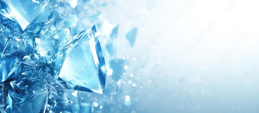 Poster abstract blue crystal fragments with soft focus and copy space for text on a light gradient backgrou