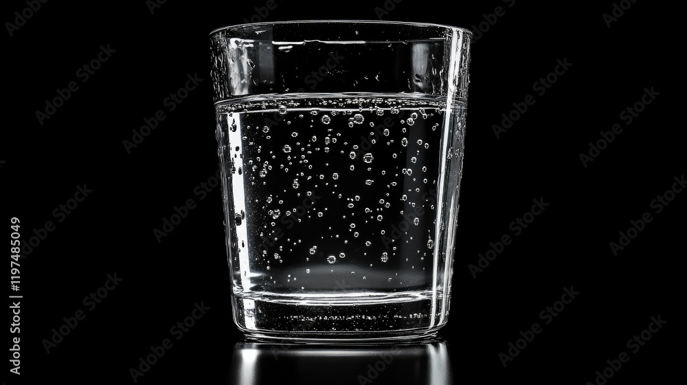 Poster clear glass filled with sparkling water and bubbles on a black background with copy space for text p