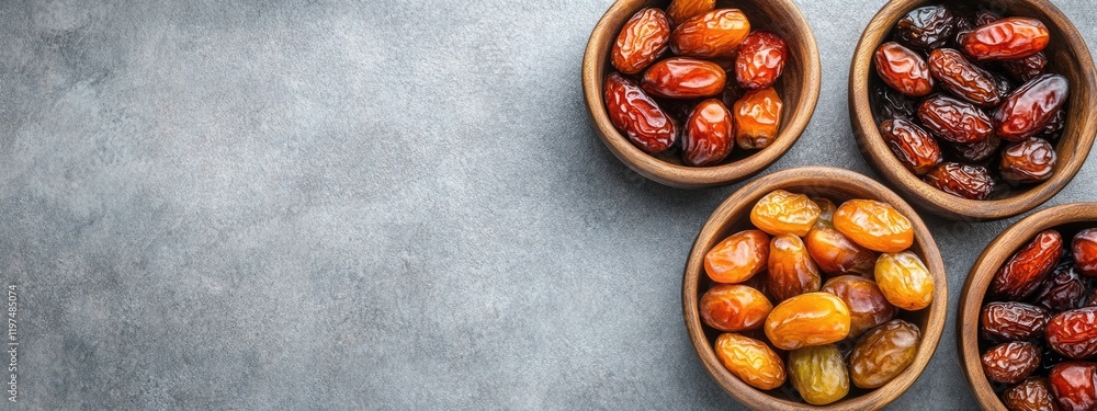 Poster various types of dates in ceramic bowls on a textured gray surface with copy space for text
