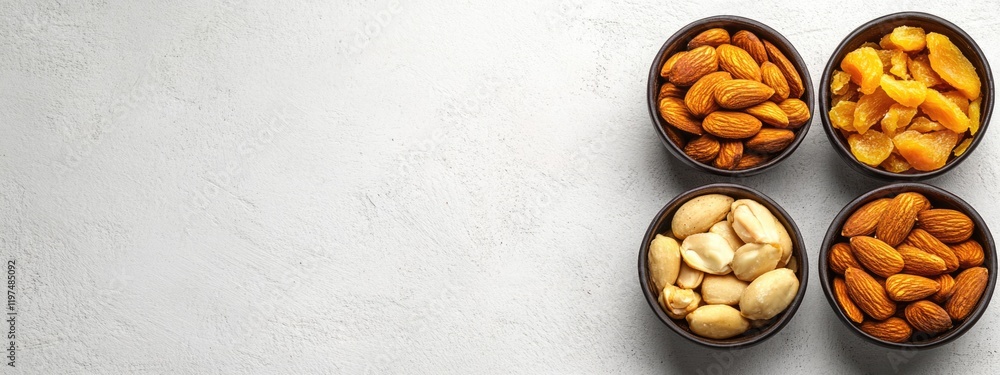 Poster mixed nuts and dried fruits in bowls on light background with copy space for text or design elements