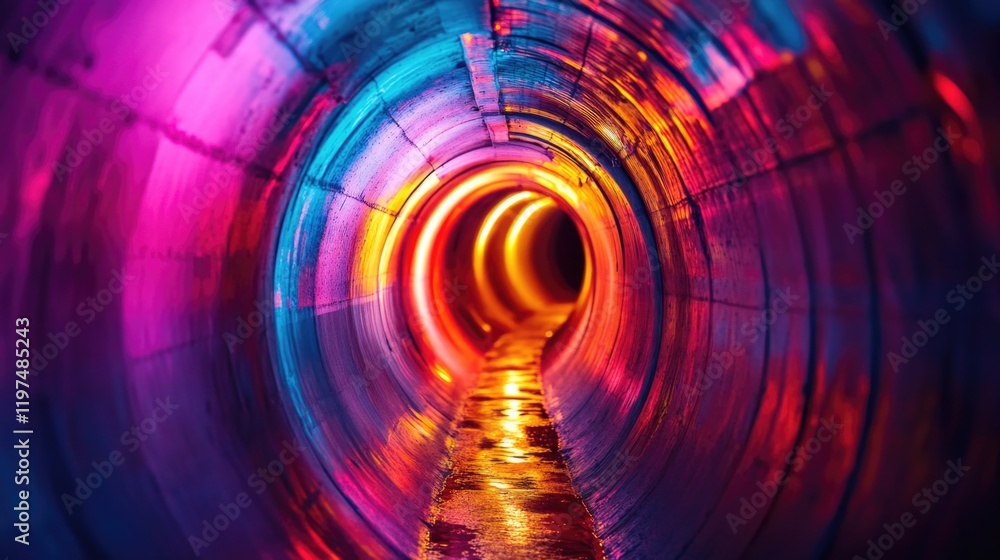 Poster colorful illuminated tunnel with wet surface reflecting vibrant lights and abstract patterns copy sp