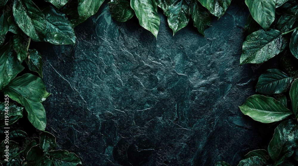 Poster dark stone background framed with lush green leaves creating a natural border with ample copy space 