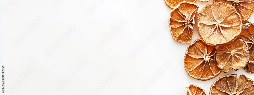 Poster dried citrus slices on white background with copy space for text or design elements