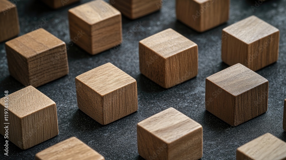 Poster wooden building blocks arranged on a dark surface with copy space for text, minimalistic design, hig