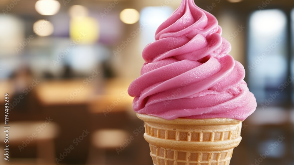 Poster pink soft-serve ice cream in a waffle cone with a blurred background featuring a cafe setting and am