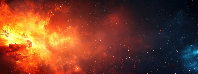 Fototapeta premium Colorful cosmic nebula with bright stars and deep space background featuring a blend of orange and blue hues with Copy Space.