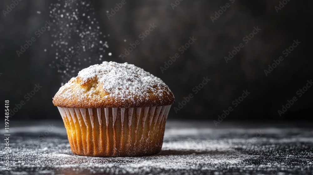 Poster freshly baked cupcake dusted with powdered sugar on a textured surface with scattered sugar creating