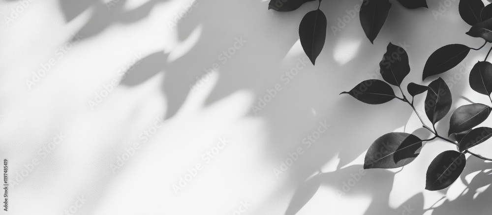 Poster black and white leaves casting shadows on a white wall with ample copy space for text or design elem
