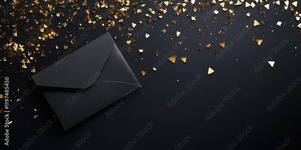 Poster black envelope on dark background with scattered gold confetti and copy space for text use