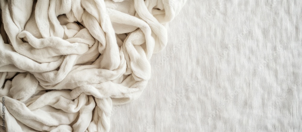 Poster textured white soft chunky knitted blanket on a light background with copy space for text placement