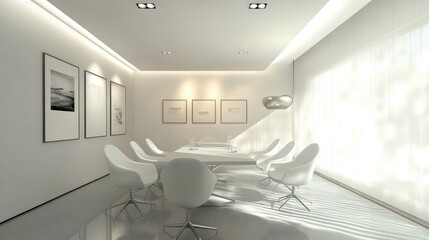 A contemporary meeting room with a minimalist design, showcasing a sleek table, comfortable chairs, and minimal decor.