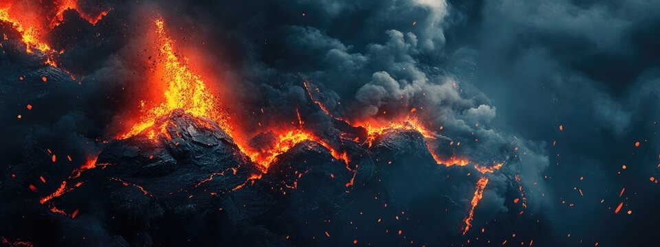 Lava flow cascading down volcanic mountain during eruption with dramatic clouds and glowing embers in the landscape Copy Space