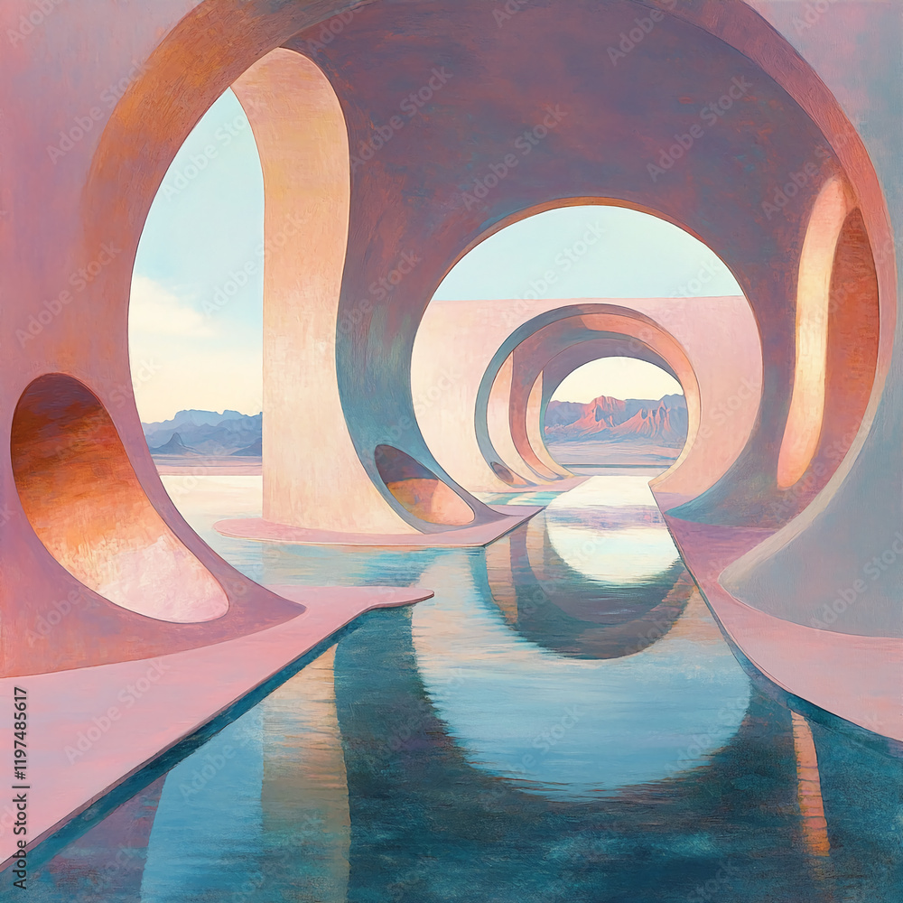 Poster abstract architectural design with circular arches and water reflection