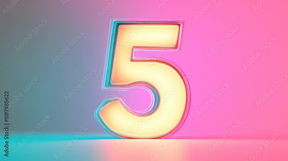 Poster neon illuminated number five on a vibrant gradient background with copy space for promotional or art