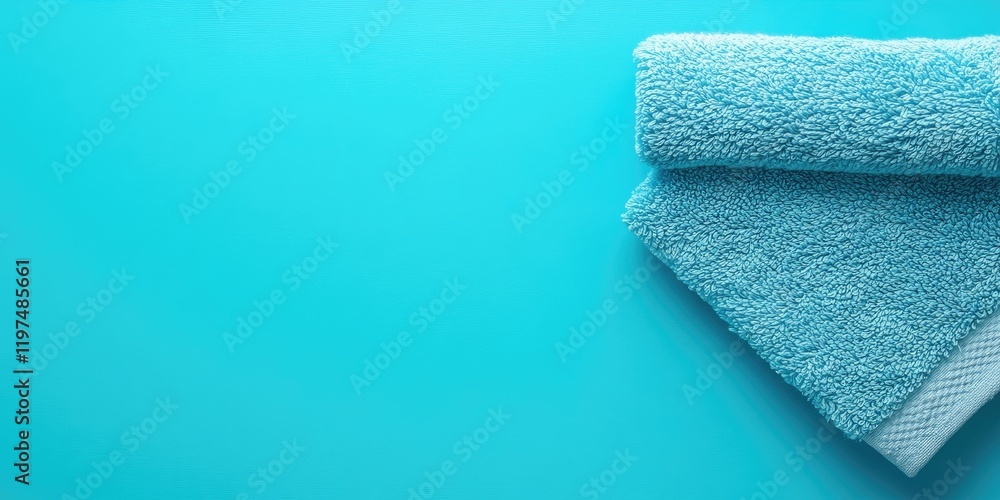 Poster stacked blue towels on a vibrant turquoise background with ample copy space for text placement