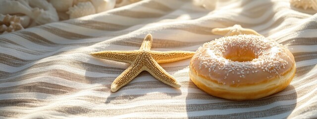 Starfish and glazed donut on a striped fabric background with natural lighting and copy space for text