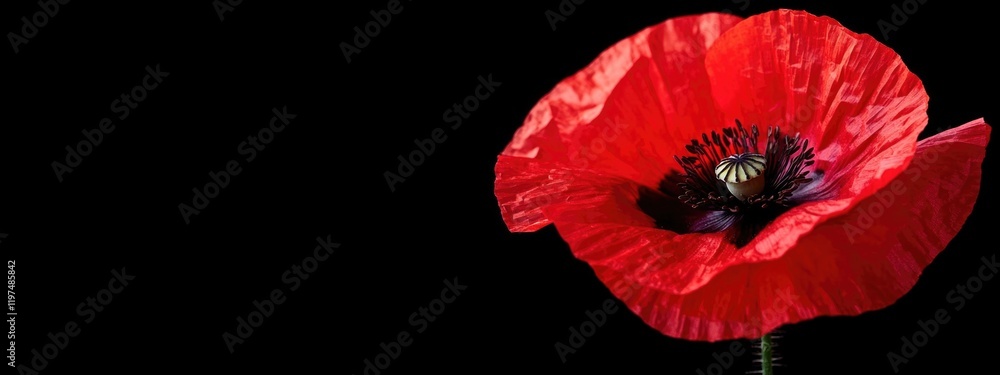 Poster red poppy flower on a black background with copy space for text insertion