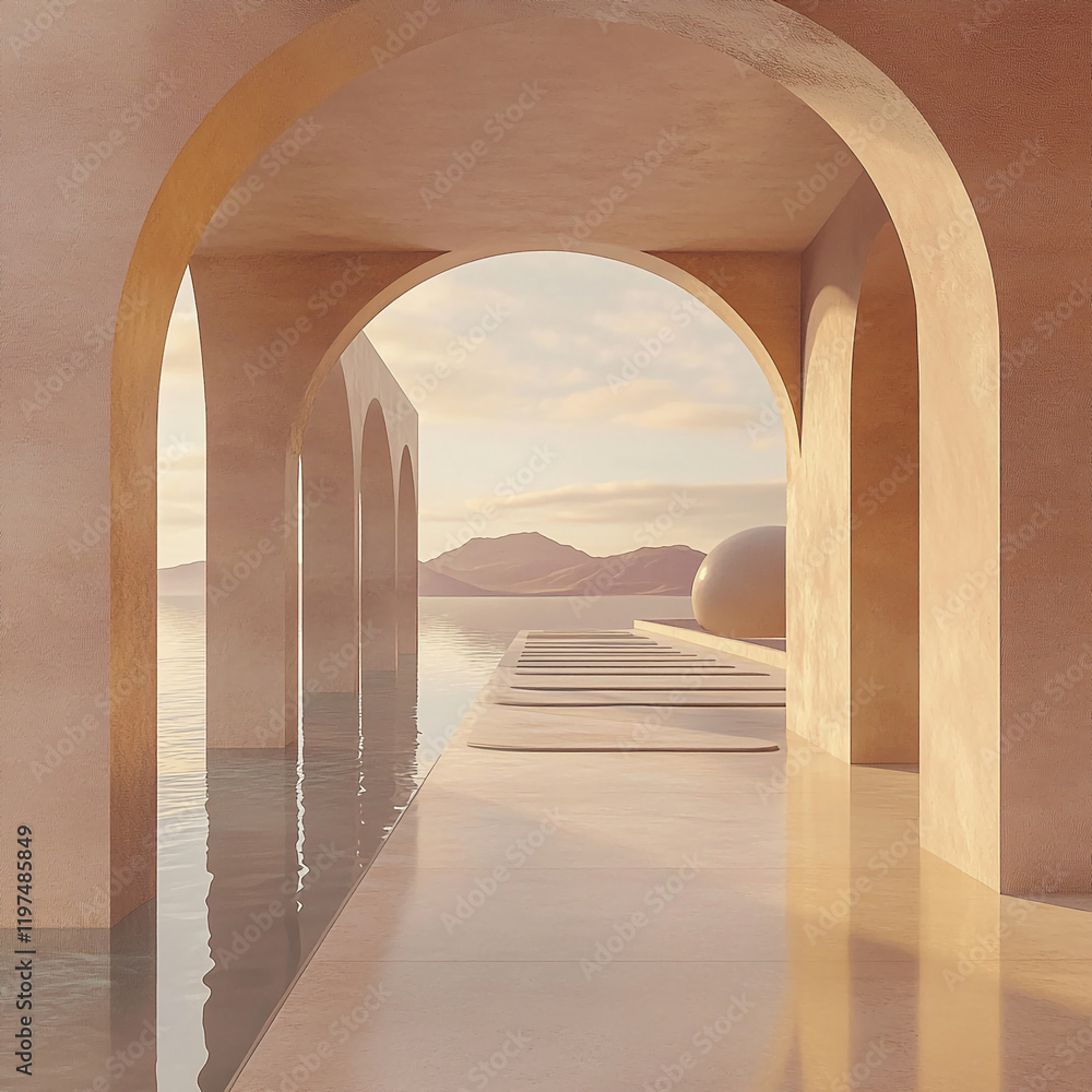 Poster minimalist architectural design with arches and serene water view