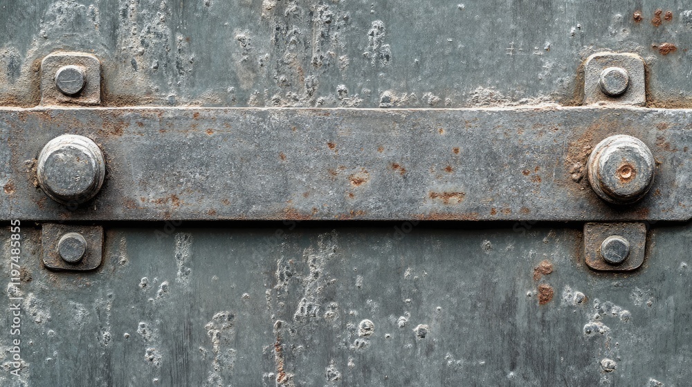 Poster close-up of weathered metal surface with rust and bolts, showcasing industrial textures and patterns