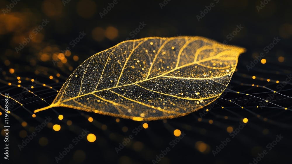 Poster glowing golden leaf on a dark textured background with sparkling lights and copy space for text plac