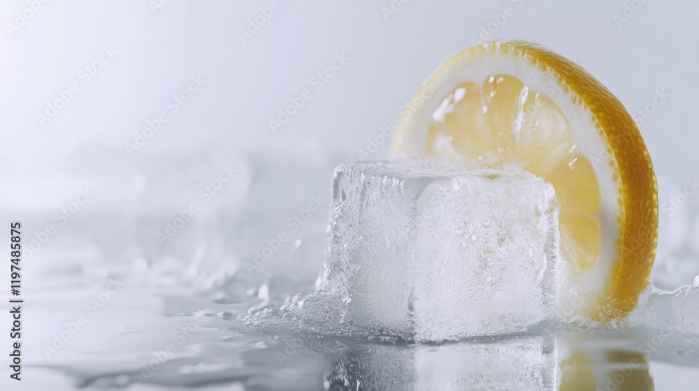 Aufkleber fresh lemon slice resting on ice cube with water droplets on reflective surface copy space