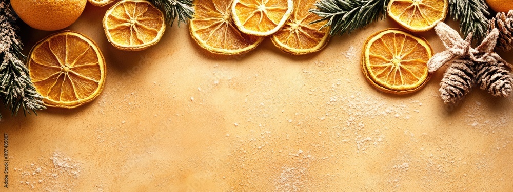 Aufkleber dried orange slices and pine branches with pine cones on a textured background with copy space for s