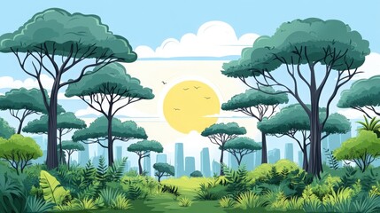 Lush Trees City View Sun Birds Nature Peaceful Cartoon Style Flat Style Generated AI