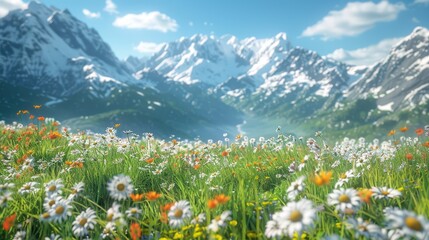 Fototapeta premium A serene alpine meadow dotted with wildflowers, framed by snow-capped peaks and a clear blue sky. 